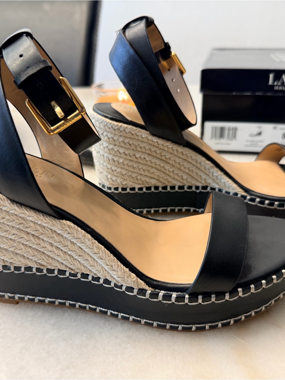 Lauren Ralph Lauren Black Espadrille Wedge Sandals with Gold Buckle